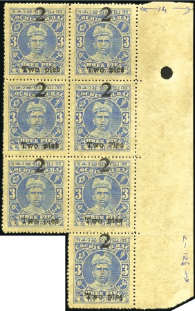 Stamp of Indian States » Cochin 1922-29 2p on 3p blue perf.14x12 1/2 in irregular