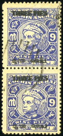 Stamp of Indian States » Cochin 1949 3p on 9p ultramarine with double overprint va