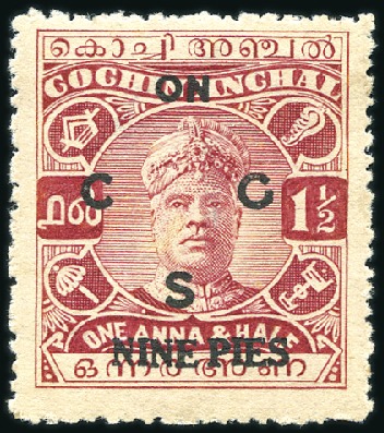 Stamp of Indian States » Cochin 1943 9p on 1 1/2a purple, mint og, fine and scarce
