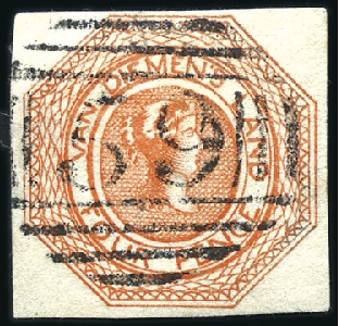 Stamp of Australia » Tasmania 1853 4d Bright Red-Orange, plate 2, earliest impre