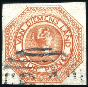 Stamp of Australia » Tasmania 1853 4d Bright Red-Orange, plate 2, earliest impre