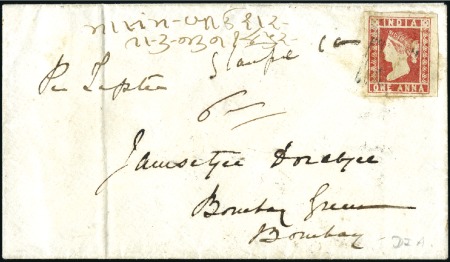 Stamp of India Envelope sent by ship letter to Bombay with 1854 1