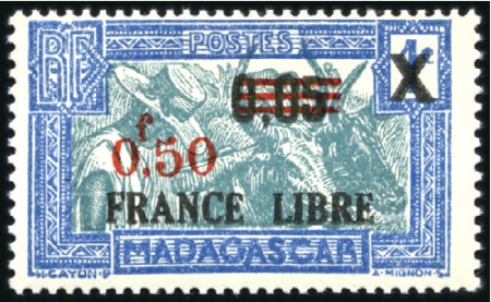 Stamp of Colonies françaises » Madagascar (Poste française) 1944 0.50 sur 0.05 sur 4c, variété cadre et centre