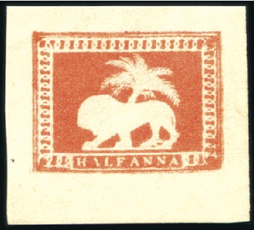Stamp of India 1854 1/2a die II essay in orange vermilion on yell