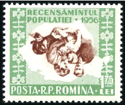 Stamp of Romania 1956 Census 1L75 with INVERTED CENTRE, scarce, (Mi