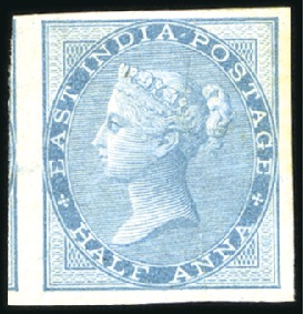 Stamp of India 1856-64 1/2a Blue IMPERFORATE, showing part of nei