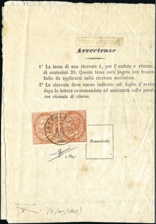 Stamp of Italy FIRST DAY OF USAGE

1863 Printed matter receipt,