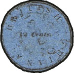 Stamp of British Guiana 1850 12c Blue "Cotton-Reel", cut round with frame 