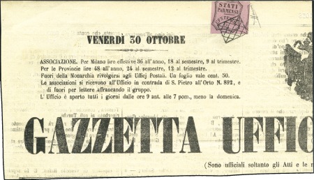 Stamp of Italian States » Parma » Italian States - Parma Newspaper stamps FIRST DAY OF USAGE OF THE 6 CENTS

1857 Large pa