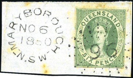 Stamp of Australia » Queensland EARLIEST KNOWN USAGE
1860 6d Green tied by "96"