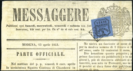 Stamp of Italian States » Parma » Italian States - Parma Newspaper stamps FIRST DAY OF USAGE OF THE 9 CENTS

1853 Large pa