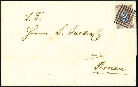 Stamp of Russia » Russia Imperial 1857-58 First Issues Arms 10k brown & blue (St. 1) 10k Brown & blue plate II tied to folded lettershe