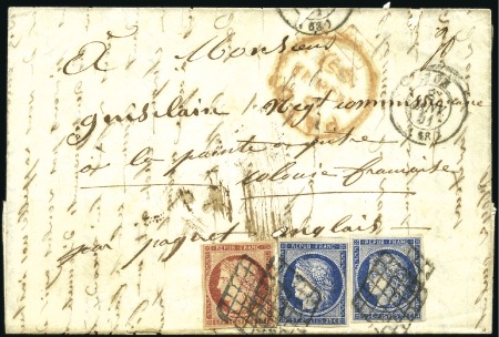 Stamp of France 1849 1F Cérès +25c bleu x2 obl. grille sur lettre
