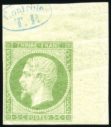 Stamp of France 1853-60 Empire non dentelé 5c vert coin de feuille