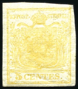 Stamp of Italian States » Lombardy Venetia 1850 5c Yellow-ochre, mint, very fine, rare, signe