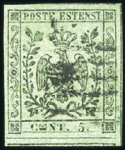 Stamp of Italian States » Modena 1852 5c Green with turned "E" in cent, used, very