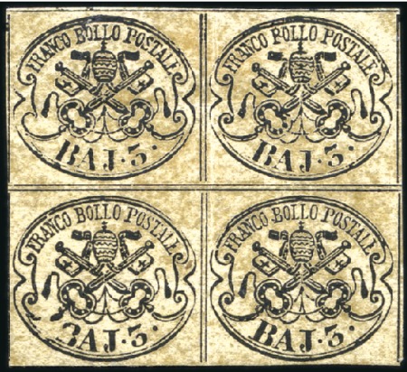 Stamp of Italian States » Papal States 1863 3b in a rare shade in block of four with vari