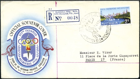 Stamp of Olympics REGISTERED LABEL: "Exhibition Bldg." registered la
