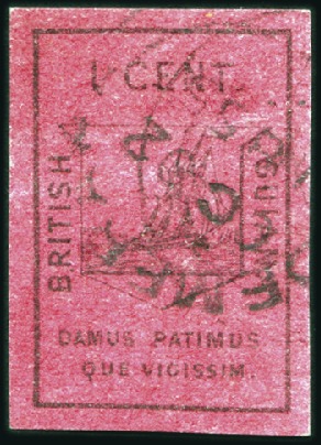 Stamp of British Guiana 1852 1c Black on Magenta, large even margins, Deme