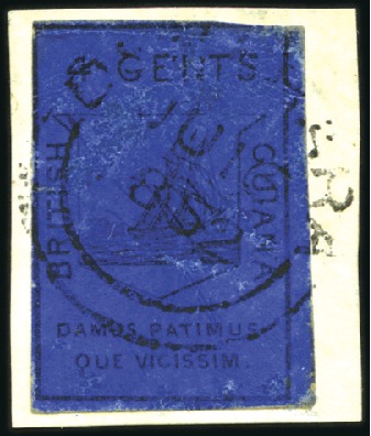 Stamp of British Guiana 1852 4c Black on Blue, design touched on two sides