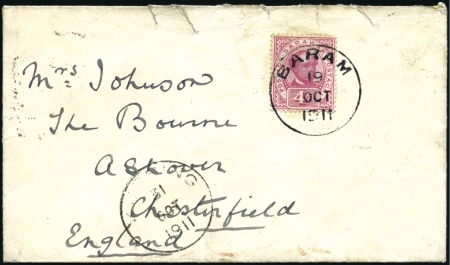 Stamp of Sarawak 1911 (Oct 19) Envelope to England with 1899 4c tie