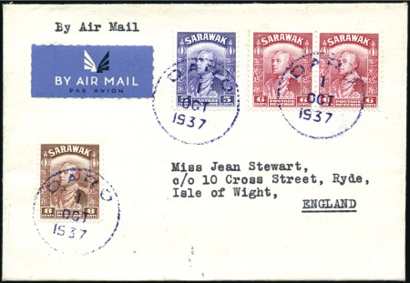 Stamp of Sarawak 1937 (Oct 1) Envelope to England bearing 1934 5c, 