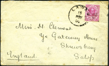 Stamp of Sarawak 1909 (Nov 15) Envelope to England with 1899 4c tie