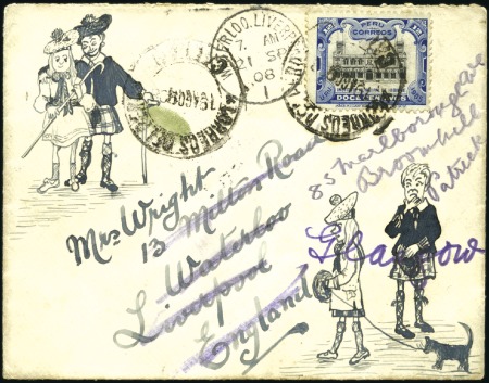 Stamp of Peru 1908 (Aug 19) Hand illustrated envelope from Calla