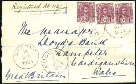 Stamp of Sarawak 1923 (Dec 12) Envelope sent registered to Wales be