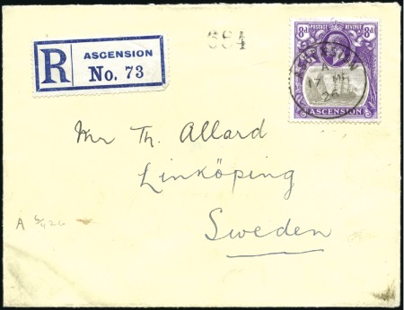 Stamp of Ascension 1926 Envelope sent registered to Sweden with 1924-