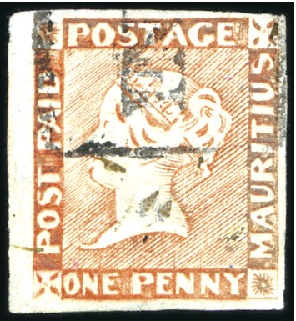 Stamp of Mauritius 1848-59 Post Paid 1d red on bluish paper, worn imp