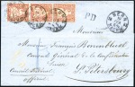 Stamp of Switzerland / Schweiz » Sitzende Helvetia Gezaehnt » Destinationen RUSSLAND 1867: 30C zinnober Dreierstreifen