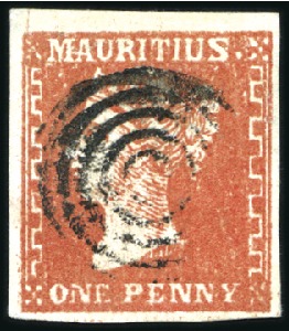 Stamp of Mauritius 1859 Dardenne 1d dull vermilion, good to large mar