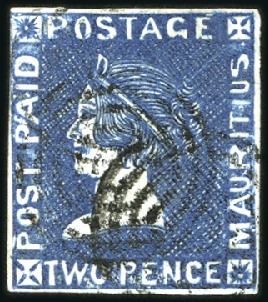 Stamp of Mauritius 1859 Sherwin 2d deep blue, pos.4, just touched to 