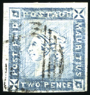 Stamp of Mauritius 1859 Lapirot 2d blue, worn impression, pos.12, fin