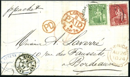 Stamp of Trinidad and Tobago 1874 & 1879, Pair of covers to France with 1874 (A