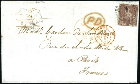 Stamp of Trinidad and Tobago 1852 (Jan 12) Entire to France with 1851 1d purple