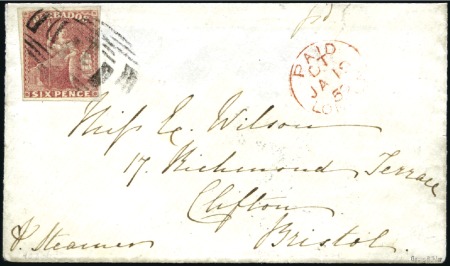 Stamp of Barbados 1858 (Dec 27) Envelope to England with 1858 6d pal