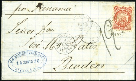 Stamp of Bolivia 1870 Cover from Cobija to France franked 10c red,
