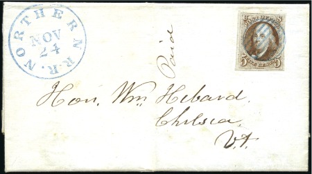 Stamp of United States 1847 5c red brown showing large margins tied by bl
