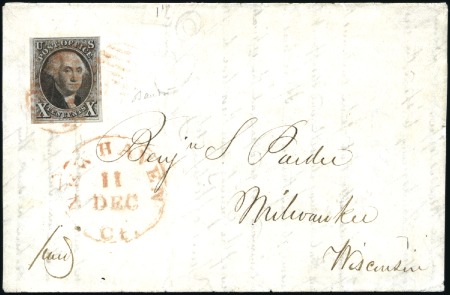 Stamp of United States 1847 10c black, large margins, tied by red grid to