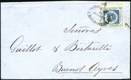 Stamp of Uruguay 1860 120c blue "thick numeral", large margins, tie