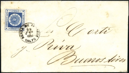 Stamp of Uruguay 1860 120c blue "thick numeral", large margins, tie