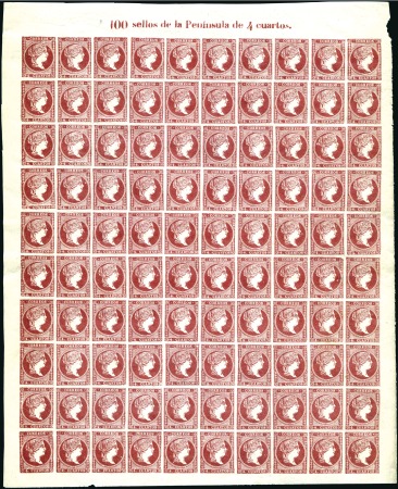 Stamp of Spain 1856 4c Carmine in complete sheet of 100 with top