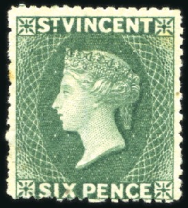 Stamp of St. Vincent 1872-75 6d Deep Blue Green, unused no gum, showing