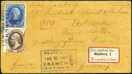 Stamp of United States 1873-1877 2c Green and 15c Orange tied to yellow c
