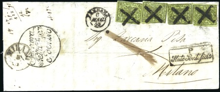 Stamp of Italian States » Papal States 1855 2Baj green (4, stampa oleoso, two adhesives w