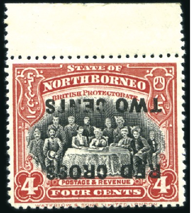 Stamp of North Borneo 1918 4c Red & Black with INVERTED RED SURCHARGE, m