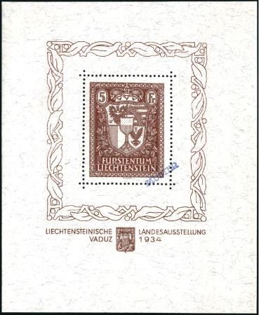 Stamp of Liechtenstein 1934 VADUZ miniature sheet with violet Specimen ha