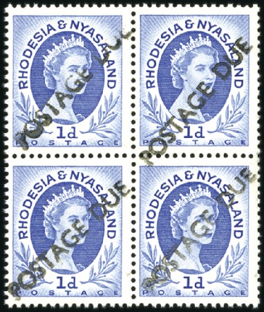 Stamp of Rhodesia and Nyasaland 1954-56 1d Ultramarine with "POSTAGE DUE" hs in bl